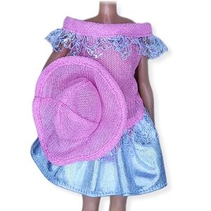 Barbie 80/90s Mini Dress Hat Set  Metallic Off The Shoulder Lace Trim Mattel Vtg